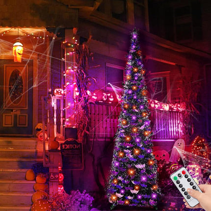 [Remote Control & Timer]6 Ft 60 LED Tinsel Halloween Tree Decor with Orange & Purple Lights 8 Modes Black Tinsel Christmas Tree Bats Battery Operated Pop Up Artificial Tree Indoor Outdoor Decorations
