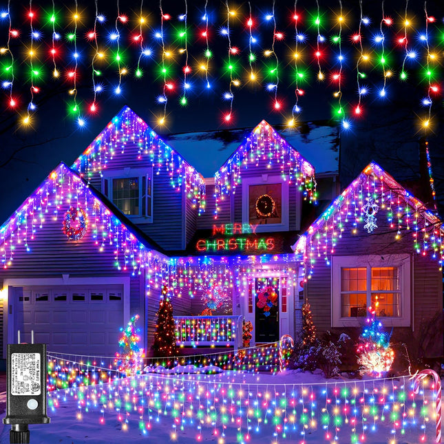 33FT 400 LED Christmas Lights Outdoor, Icicle Lights Indoor with 8 Modes 75 Drops, Waterproof Plug in Curtain String Lights for Outside House Patio Party Holiday Decorations, Multicolor