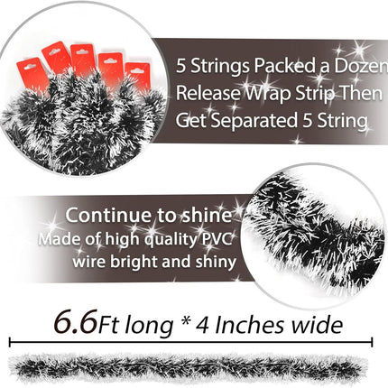 TURNMEON 5 Pack Total 33 Feet Tinsel Christmas Garlands Decoration Metallic Streamers Dark Green Christmas Tree Decor Holiday Xmas Party Supplies Indoor Outdoor Home Decor, Each 6.6 Ft