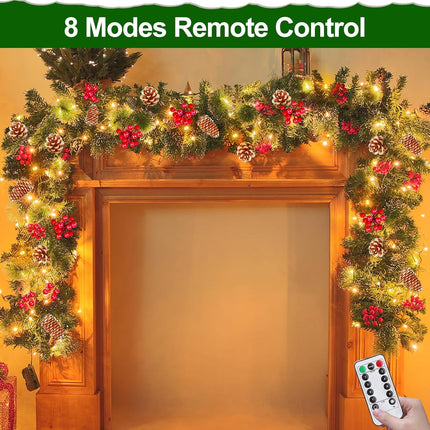 Remote Control 9 Ft Prelit Christmas Garland with Lights 8 Modes Timer 300 Branch Cedar Snowy Bristle 198 Berry 18 Pinecone Battery Operated Christmas Decorations Indoor Outdoor Holiday Mantle Stairs