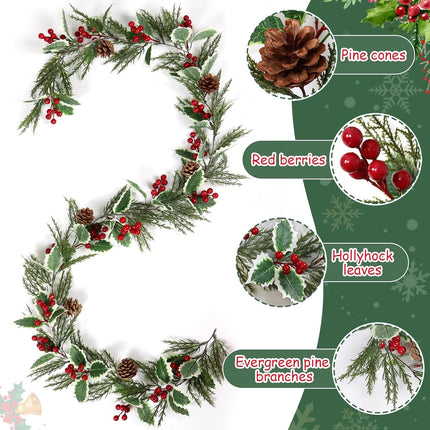 2 Pack Christmas Pine Garland 13FT Artificial Berry Holly Leaves Garland Xmas Cypress Cedar Garland Hanging Greenery Garland Christmas Vines for Home Mantle Table Fireplace Holiday Decor