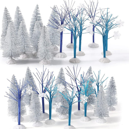 15 Pcs Mini Christmas Trees Bottle Brush Trees Set Christmas Village Sets Navy Blue Winter Village Accessories Ornaments for Christmas Decorations Snowflake Bare Branch Miniature Snow Frost Trees Home