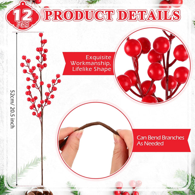 12 Pcs Christmas Berry Stems Berry Picks 20.5 Inch Artificial Christmas Picks Christmas Tree Picks and Sprays Holly Berries Branches for Christmas Decorations Festival Holiday (Red)