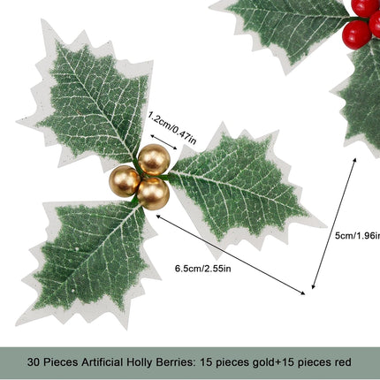 Lorigun 30 Pieces Artificial Holly Berries, Fake Berries with Green Leaves, Artificial Berry Flowers Decorations Christmas Crafts, Faux Golden Red Holly Berries Stems for Party Wreath Centerpiece