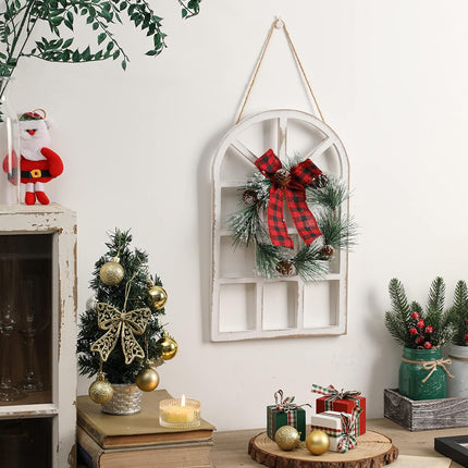 LIGHTURE Wood Christmas Holiday Wall Hanging Indoor Outdoor Decorations Rustic Christmas Window Plaque Signs Wooden Arch with Wreath Christmas Home Party (Red-Black)