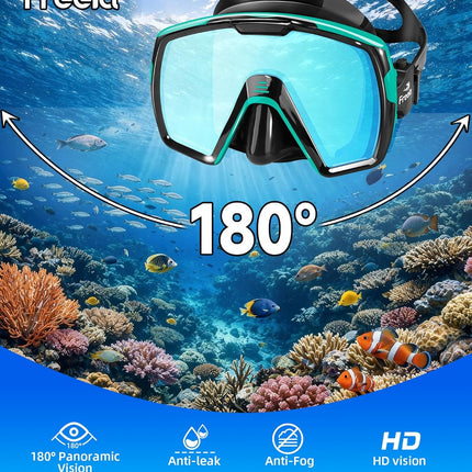 Freela Adult Dry Snorkel Set with Mirrored Lens Anti-Fog 180° Wide View Anti-Fog, Scuba Diving Mask with Nose Cover, Snorkeling Gear for Men Women - Green with Blue