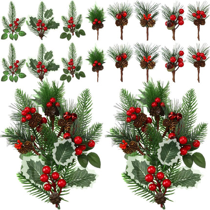 Red Berry Stems Pine Branches Artificial Christmas Picks Floral Pine Cones Faux Stems Spray Christmas Tree Picks Artificial Pine Branches(Vivid,48 Pcs)