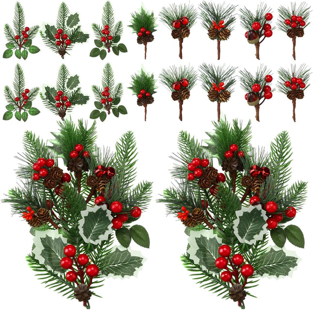 Red Berry Stems Pine Branches Artificial Christmas Picks Floral Pine Cones Faux Stems Spray Christmas Tree Picks Artificial Pine Branches(Vivid,48 Pcs)