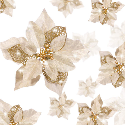 Boao 24 Pieces Christmas Artificial Glitter Poinsettia Flowers Xmas Flowers Wedding Christmas Tree Year Ornaments(Gold)