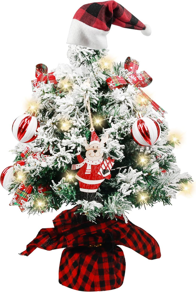 Sunnyglade Mini Christmas Tree, 24 Inch/2 FT Lighted Tabletop Artificial Xmas Tree with Music Box, Reindeer Tag and Decor Ball, DIY Small Tree with LED for Holiday Home Party Decor