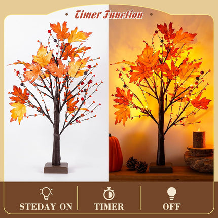 24 Inch 24 LED Artificial Fall Lighted Maple Tree Lighted Fall Tree with Timer Battery/USB Operated, Fall Decor for Autumn Thanksgiving Harvest Fall Home Indoor