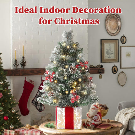 Brightever 2FT Small Christmas Tree, Prelit Mini Christmas Tree with 50 Multi-Color LED Lights, Unique Box Base, Battery Operated Little Xmas Tree for Table Top, Pinecone & Berries Included