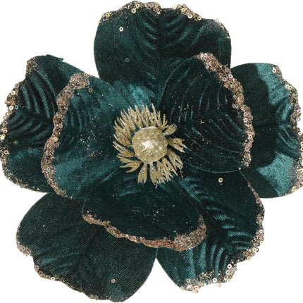 6 Pcs Large Glitter Christmas Flowers 8.3’’ Artificial Magnolia Flower Velvet Fold Christmas Tree Flower Decorations Xmas Tree Year Party Wedding Ornaments (Blackish Green)