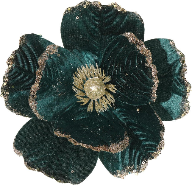 6 Pcs Large Glitter Christmas Flowers 8.3’’ Artificial Magnolia Flower Velvet Fold Christmas Tree Flower Decorations Xmas Tree Year Party Wedding Ornaments (Blackish Green)