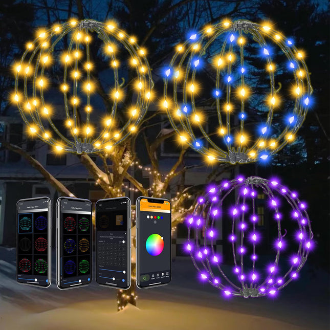 3 Pack Smart RGB Christmas Tree Hanging Decor Lights Outdoor, 12" Dimmer Color Changing Sphere Lights, App & Remote Control, Waterproof Fairy Globe Lights, Light Up Ornaments for Patio Wedding Decor