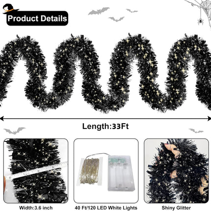 100 LED Lights TURNMEON 33 Ft Long Black Christmas Prelit Black Tinsel Garland Decorations Thick Thin Shiny Metallic Tinsel Twist Garland for Christmas Tree Decorations Home Indoor Outdoor Party