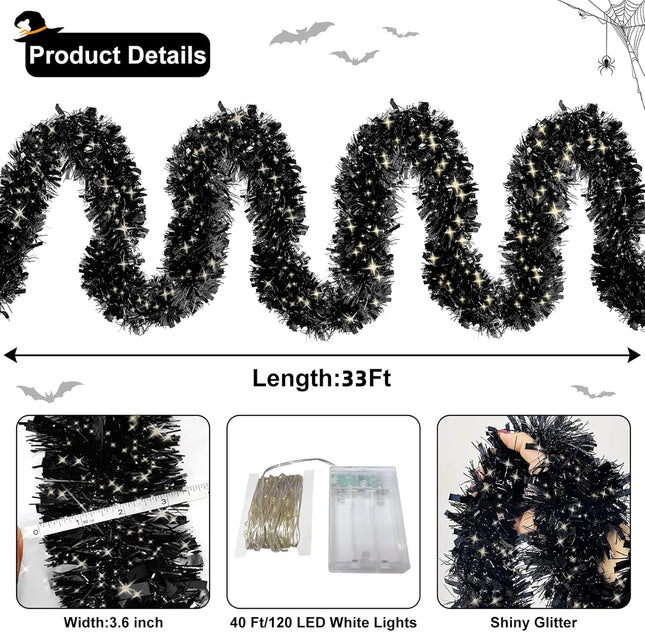 100 LED Lights TURNMEON 33 Ft Long Black Christmas Prelit Black Tinsel Garland Decorations Thick Thin Shiny Metallic Tinsel Twist Garland for Christmas Tree Decorations Home Indoor Outdoor Party