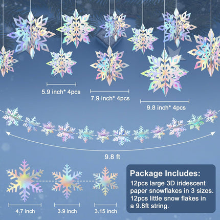 24 Pcs Christmas Hanging Snowflake Decorations, 3D Paper Snowflake Garland Ornaments for Christmas Home Tree Winter Party Decorations