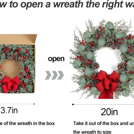 20 Inch Artificial Christmas Wreath Christmas Wreaths for Front Door with Pine Needles Pine Cones Red Berries Eucalyptus Leaves Red Bow for Home Office Wall Window Fireplace Winter Holidays