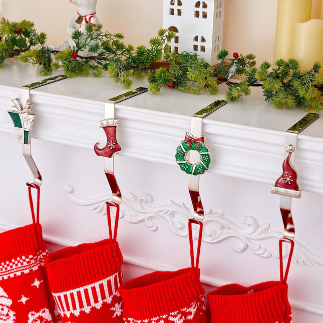 Christmas Stocking Holders for Mantles Set of 4, Colorful Stocking Hangers for Fireplaces, 4 Pack Non-Slip Stocking Hooks for Mantle, Stocking, Wreath, Hat, Hook for Christmas Party Decorations