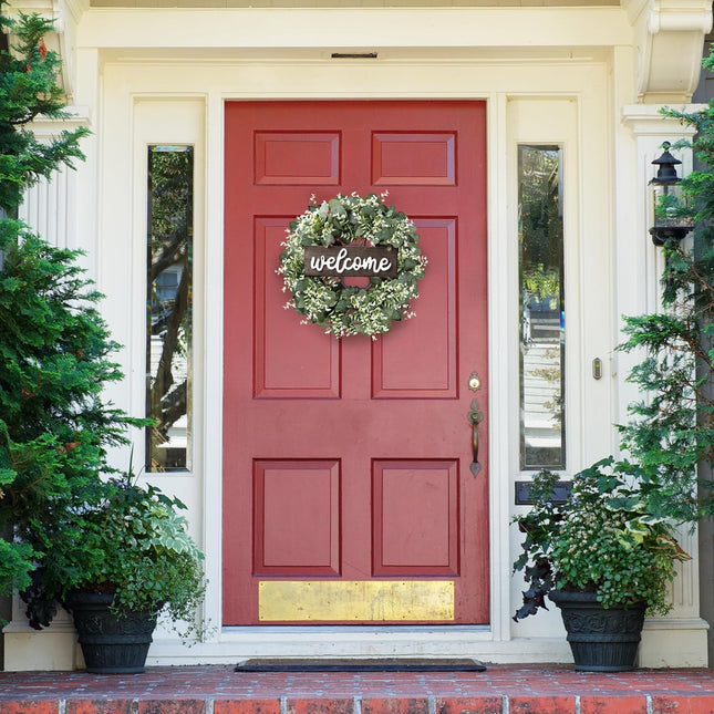 Sggvecsy 16in Artificial Eucalyptus Wreath with Welcome Sign Green Eucalyptus Leaf Wreath Greenery Wreath Round Leaves Wreath for Front Door Wall Window Festival Farmhouse Porch Patio Garden Decor