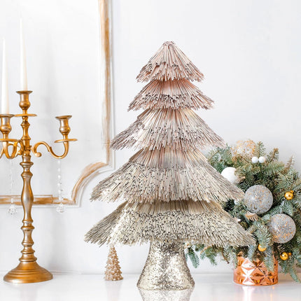 Tabletop Christmas Tree Decoration 15 in Glitter Champagne Gold Artificial Foil Tubes Xmas Tree Artificial Holiday Table Centerpiece Champagne Tabletop Small Xmas Tree for Home Party Craft
