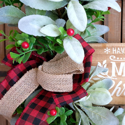 Bibelot Christmas Grapevine Wood Sign Wreath Flocked Ear Leaves and Holly, Rustic Christmas Wreath Farmhouse Front Door Wreath, Winter Front Door Christmas Sign Wreath with Leaves and Berry Wreath