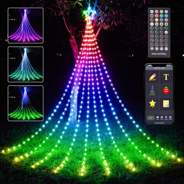 Outdoor Christmas Decorations, 11.8FT 344LED RGB Color Changing Christmas Waterfall String Lights with Star, APP Remote Control, DIY Multi-Color Lightshow, Music Sync, Xmas Year Decor