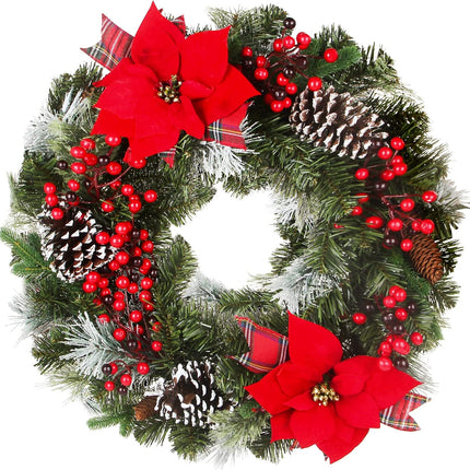 24 Inch Christmas Wreath Green Leaves Wreath for Front Door Artificial Eucalyptus Wreath with Berry and Pine Branches Christmas Decorations Indoor and Outdoor Holiday Decorations
