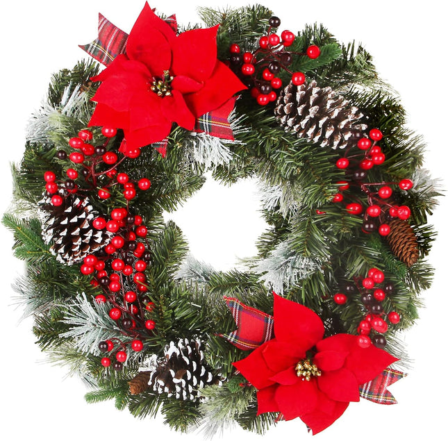 24 Inch Christmas Wreath Green Leaves Wreath for Front Door Artificial Eucalyptus Wreath with Berry and Pine Branches Christmas Decorations Indoor and Outdoor Holiday Decorations