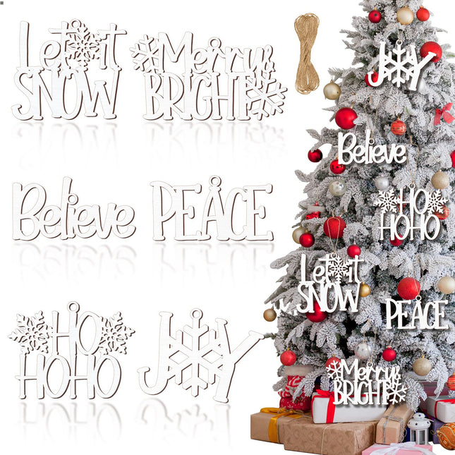 6 Pieces Christmas Wall Decor Xmas Hanging Believe Sign Winter Wooden Words for Crafts White Word Art Decor Decorative Joy Peace Merry Bright Word Cutouts for Christmas Tree Decorations Party Supplies