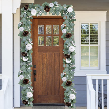 Winlyn 2 Pack White Pumpkin Garland Artificial Eucalyptus Garland with White Pumpkins Pinecones Berries Fall Foliage Garland for Wedding Arch Backdrop Thanksgiving Table Runner Farmhouse Décor