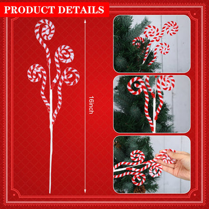 6 Pcs 16 Inch Red White Christmas Tree Picks Decoration Candy Cane Woolen Curly Pick Lollipop Large for Xmas Tree Topper Decor Home Vase Filler Craft Wreath Holiday Party Ornament Garland