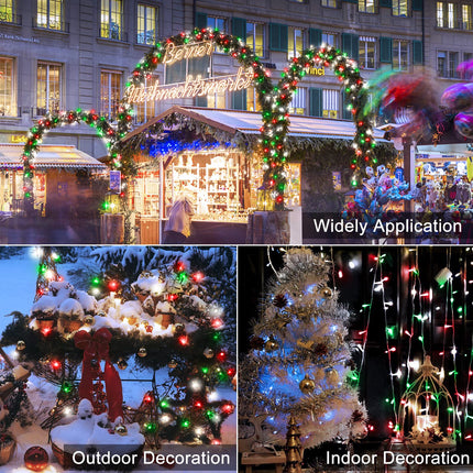 Red White Green Christmas String Lights Battery Operated, 2 Pack 100 LED String Lights 33Ft Clear Wire with Timer 8 Modes Outdoor Indoor Novelty Lights for Home Xmas Tree Garland Holiday Decoration
