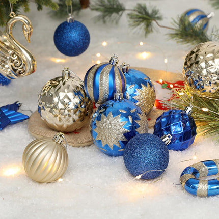 128pcs Christmas Balls Ornaments Set, Shatterproof Plastic Baubles Christmas Flower, Ribbon and Tree Topper for Xmas Tree Holiday Wedding Party Decorations with Hanging Strings, Blue and Gold