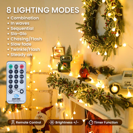 Globe String Lights, 59FT 100 Led Fairy Lights Plug In 8 Modes With Remote Control Waterproof Outdoor Indoor String Lights, Fairy Lights for Bedroom, Garden, Party, Wedding, Christmas Decor Warm White