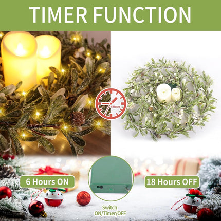 9FT Christmas Garland, Flocked Garland Christmas Decorations Prelit Christmas Garland with 30 LED Lights Decorated with Pinecones Berries Snowflakes for Mantels Staircase Tables Winter Decor