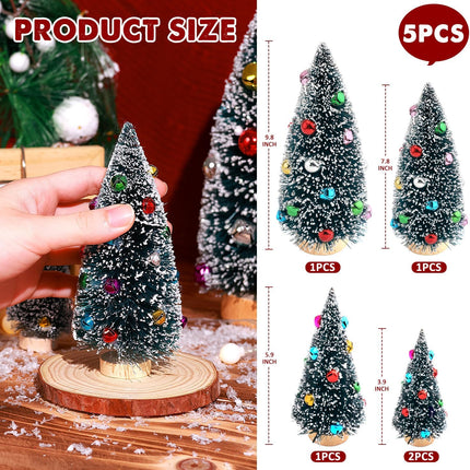 5 Pcs Artificial Mini Christmas Sisal Snow Frost Trees with Decorated Ball - Small Bottle Brush Trees 5 Sizes for Christmas Decor Christmas Party Home Table Craft Decorations