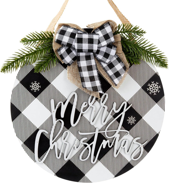 Merry Christmas Wreath 12 Inch Welcome Sign Buffalo Plaid Christmas Decoration Rustic Merry Christmas Door Sign for Front Door Porch Window Wall Indoor Outdoor Decoration (White)