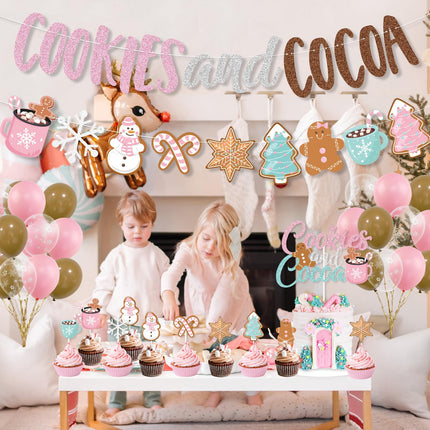 Cookies and Cocoa Party Decorations, Pink Cookies and Cocoa Banner Christmas Gingerbread Man Banner Cake Topper Balloons for Christmas Hot Cocoa Bar Supplies Christmas Birthday Party Decorations