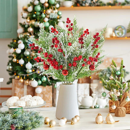 12pcs Snowy Artificial Cedar Picks, 19.5" Frosted Faux Cedar Spray Branches with Berries & Ring Bell Plastic Christmas Cypress Greenery Pine Stems for DIY Garland Christmas Tree Holiday Decor