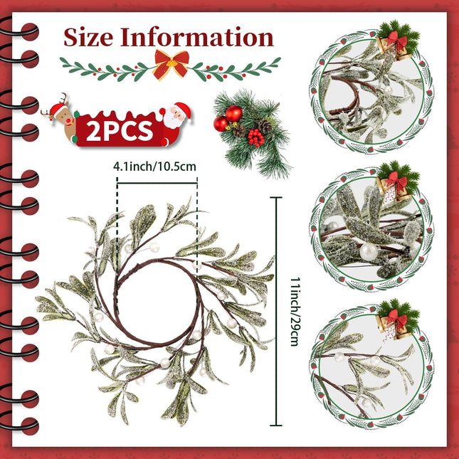 Christmas Mistletoe Candle Rings, 2 Pcs Pillar Candle Rings Wreaths Artificial Mistletoe Wreaths with Pearl Accents Country Primitive Candle Wreath for Winter Holiday Wedding Table Party Decor (White)
