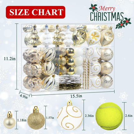 114 Pcs White and Gold Christmas Ball Ornaments Set, Xmas Tree Ornament Bulk Decoration, Shatterproof Decorative Hanging Baubles for Party Holiday Wreath Garland Home Decor
