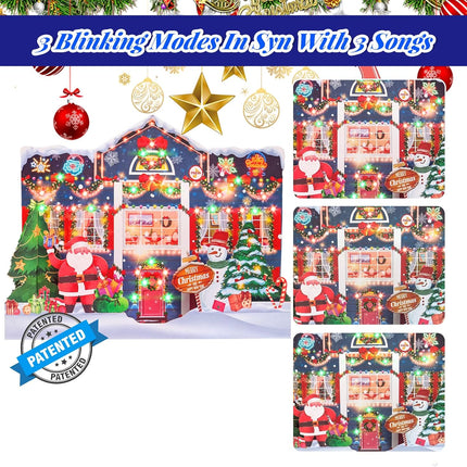 3D Pop Up Christmas Cards with Music & Lights, Animated Christmas Card, Playing 3 Christmas Songs with 3 Matching Lights Blinking Modes (Envelope Included)
