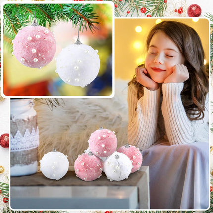 Wettarn 24 Pcs Christmas Tree Ball Ornament Pastel Pink White Plush Christmas Ball Ornaments 3.15 Inch Decorative Hanging Decor for Xmas Tree Year Holiday Wedding Party Wreath Garland Decorations
