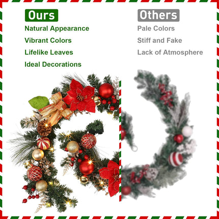 LinTimes Christmas Garland with Lights, Pre-lit Red Garland Decoration with 20 LEDs, Battery Operated Garland with Red Flowers Ball Ornaments Gold Bow, Mantle Fireplace Holiday Party Decoration
