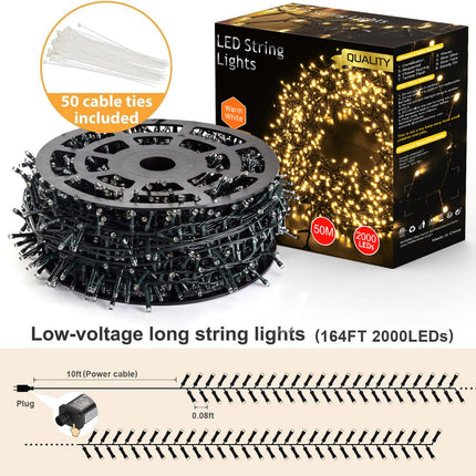 Novtech Christmas LED Outdoor String Lights 164FT 2000LEDs Xmas Fairy String Lights Plug in Christmas Lights - Waterproof Decorative String Lights for Home Garden Wedding Party Holiday - Warm White