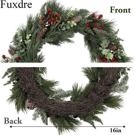Christmas Wreath 16 Inch, Christmas Door Wreath with Pine Needles, Berry and Eucalyptus, Christmas Wreaths for Front Door Decor for Wall, Window or Mantel