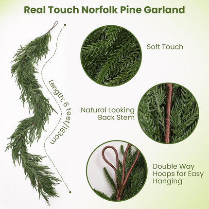 Christmas Garlands - Norfolk Pine Garland for Mantel and Staircase, Real Touch Artificial Faux Greenery Holiday Decor (1Pcs, 6 feet)