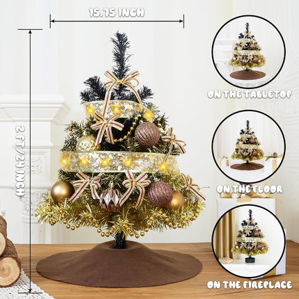 Small Artificial Christmas Tree Decorations - Mini Christmas Table Top Tree 2 FT, Xmas Desk 24 Inch Tree with 20 LED Ribbon Lights, Hanging Ornament for Home Decor Indoor Office Holiday Tabletop Party